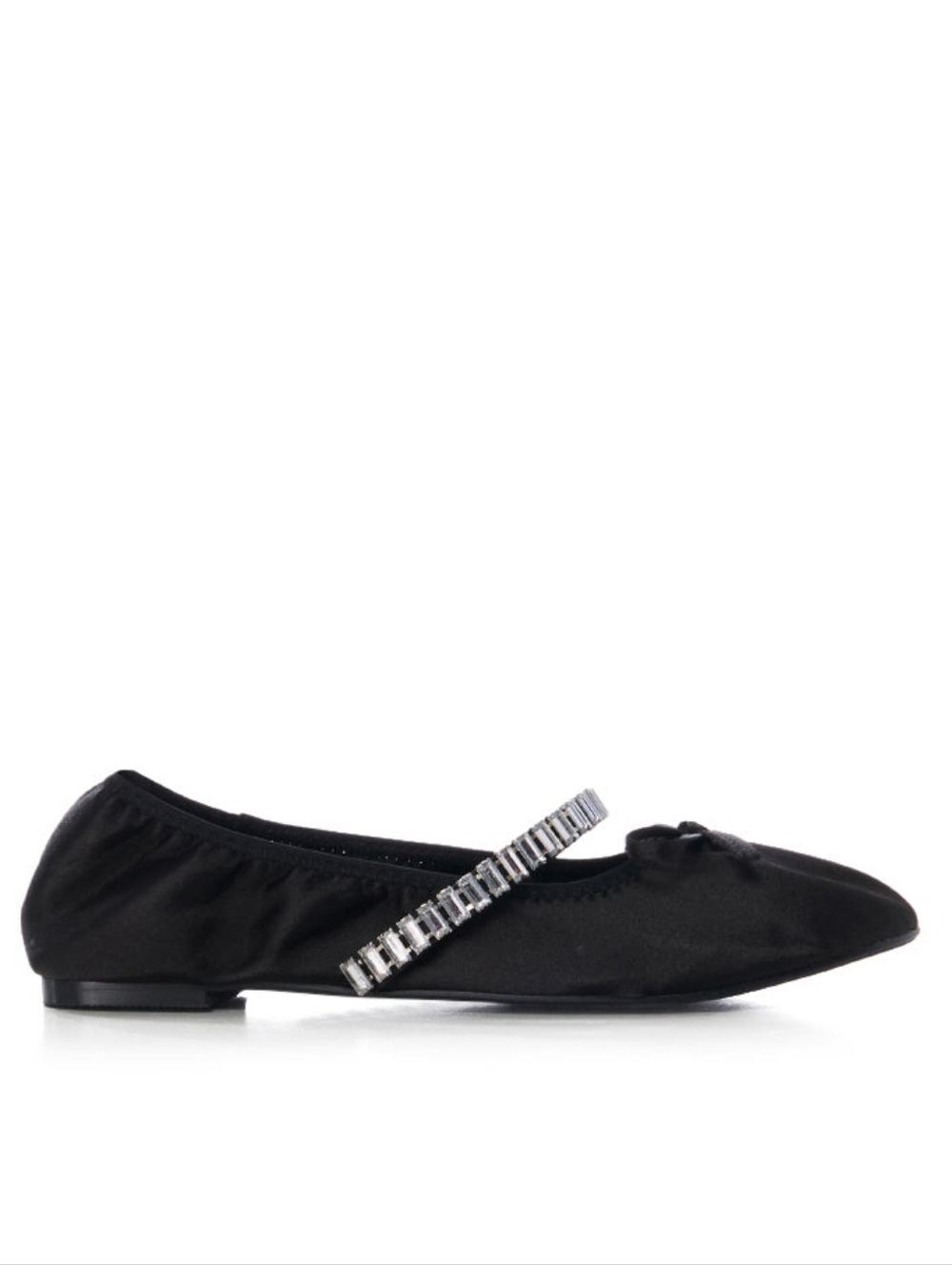 Azalea Wang Black Satin Diamante Ballet Flats with Crystal Rhinestone Strap  ❤️